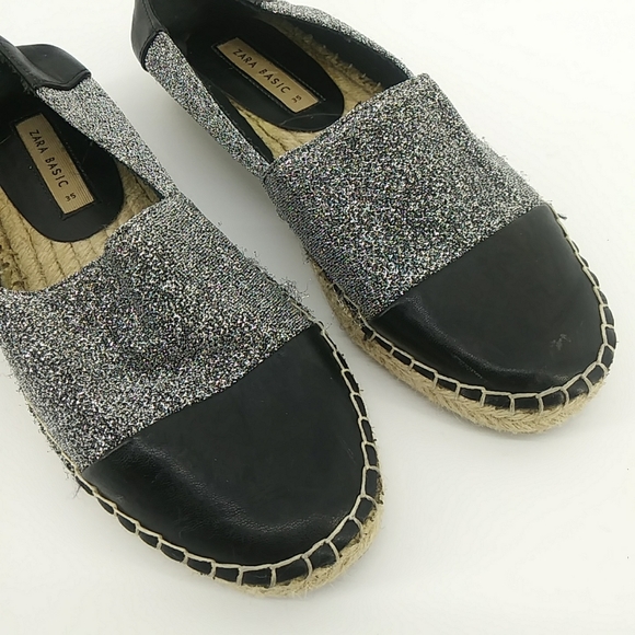 Zara Basic Collection Metallic Faux Leather Cap Toe Espadrills Silver Glitter 35 - Picture 8 of 15